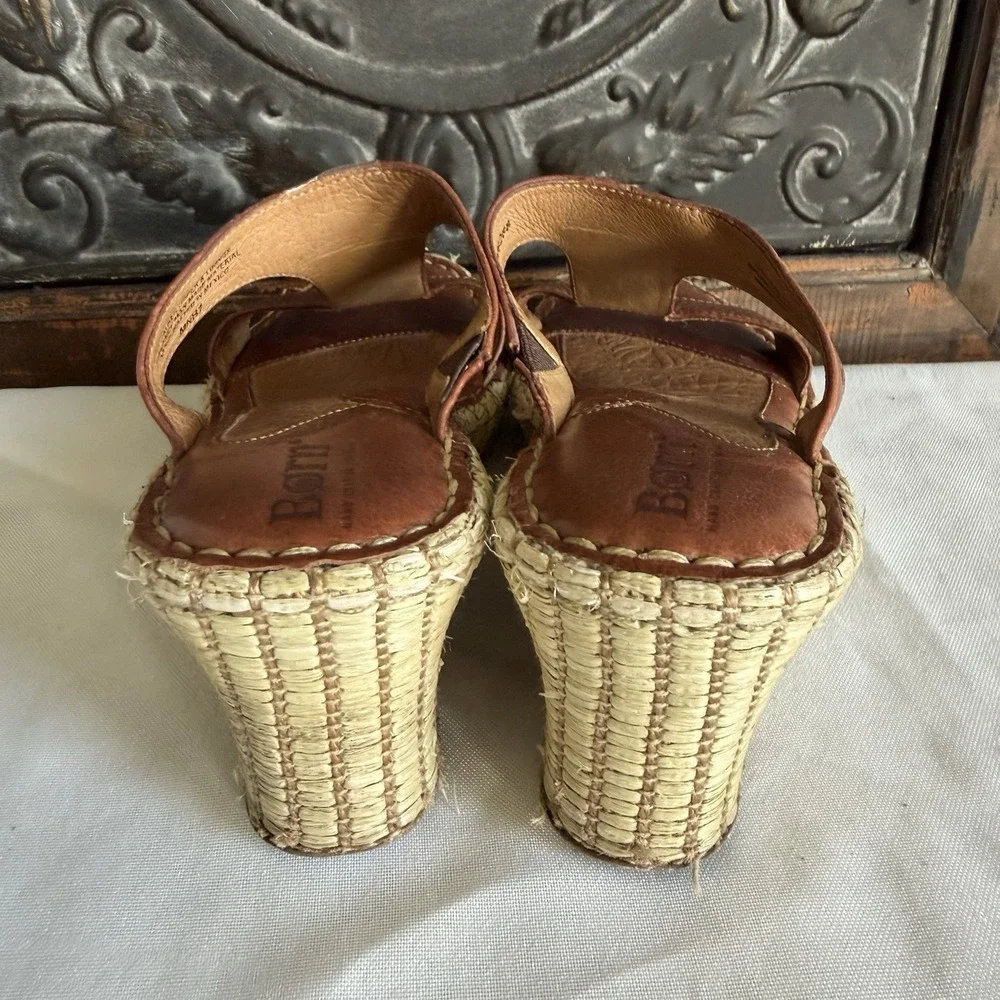 Born Brown Leather Woven Espridrille Wedge Platform  Sandal Women 6 US. 36.5 EU
